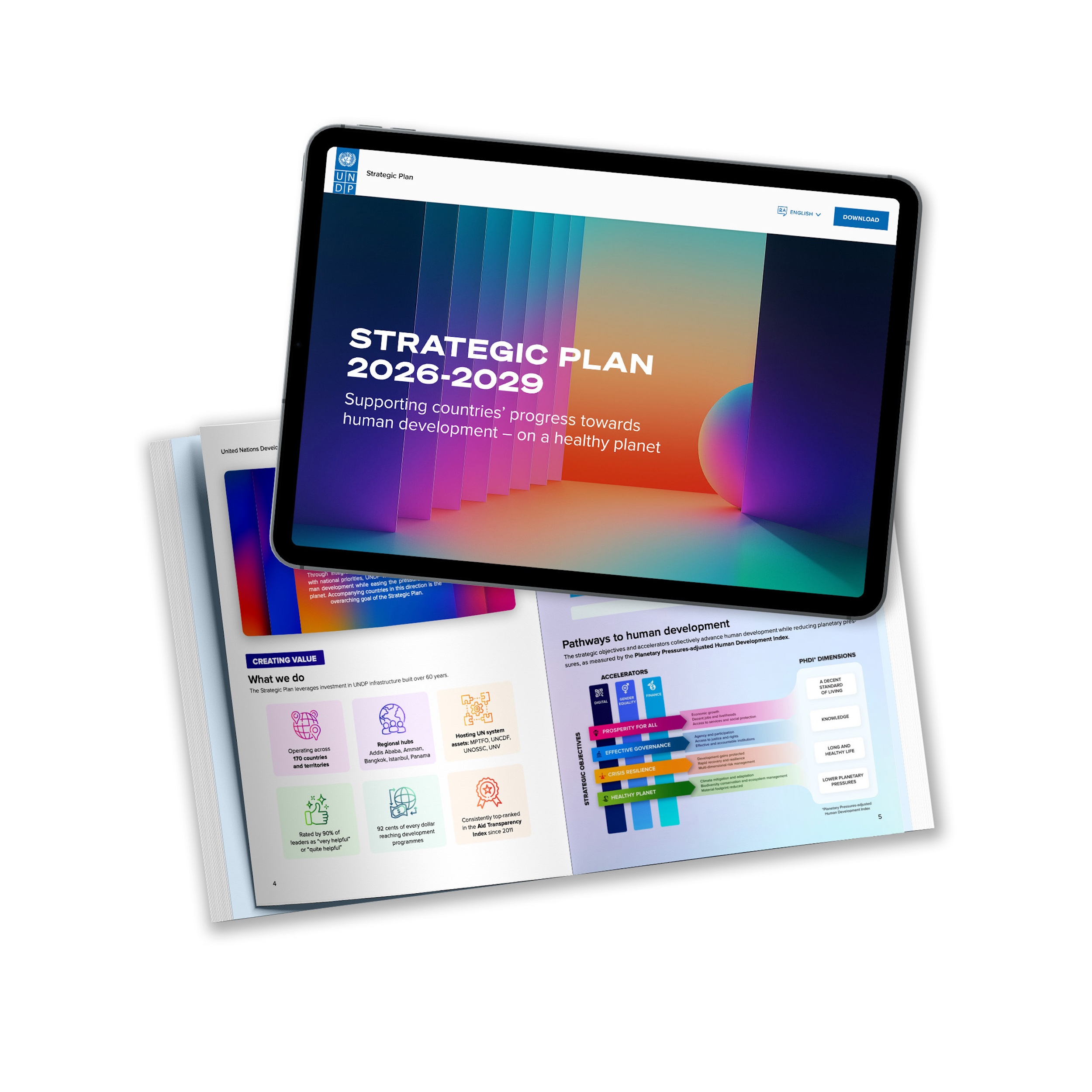 Mockup showing the design of the Strategic Plan website and print publication